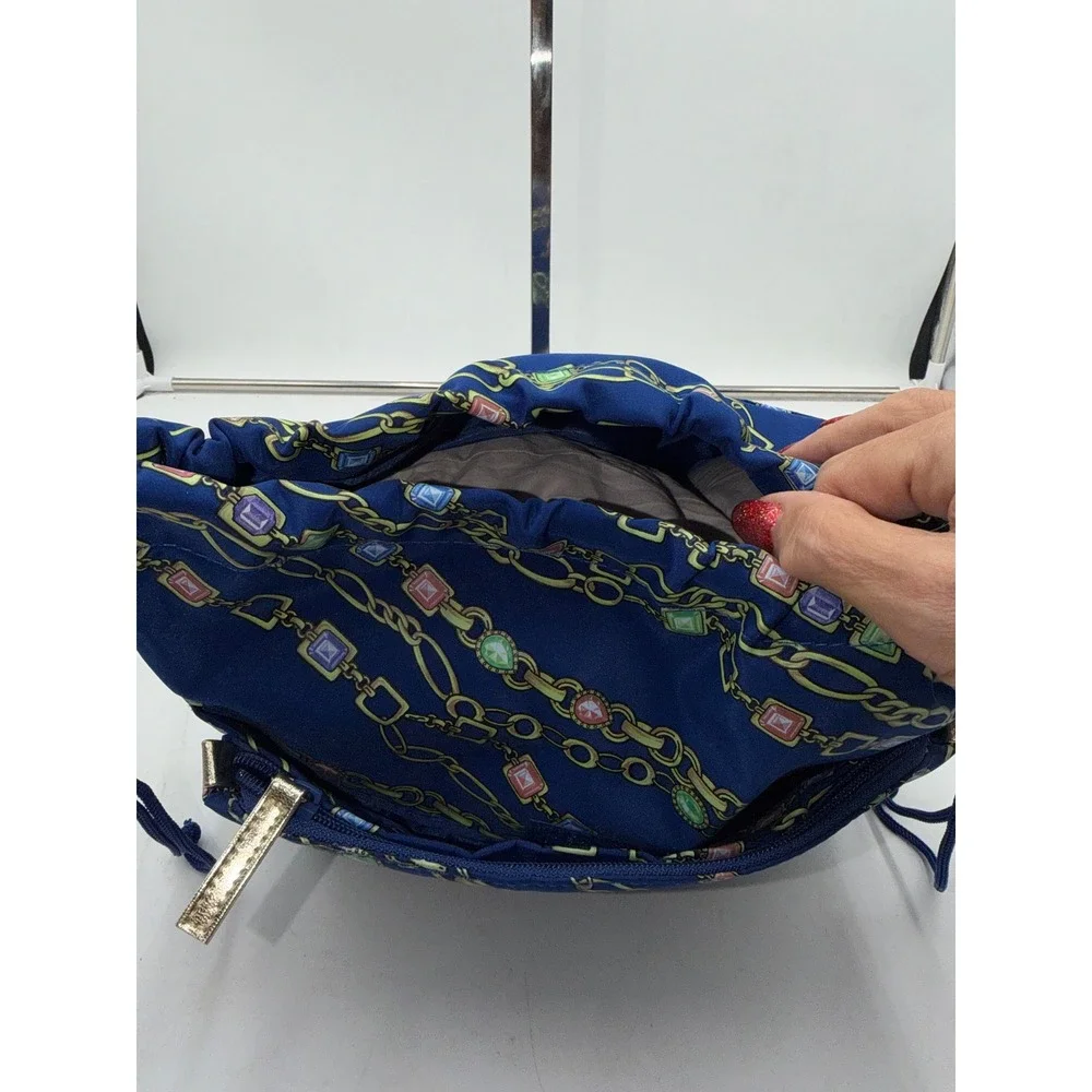 Blue Gemstone and Gold Chain Print Drawstring Pouch Bag with Zipper Pocket